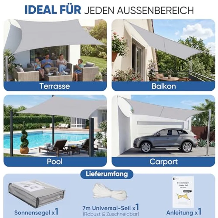 Sunula Sonnensegel Wasserdicht 3x4 m Rechteckig – hochdichtes PES 160g/m², mit umlaufendem Gurtband & Edelstahl-Ringen, Nahtversiegelung & bis zu 95% UV-Schutz, für Balkon Terrasse Garten, Hellgrau – Bild 7