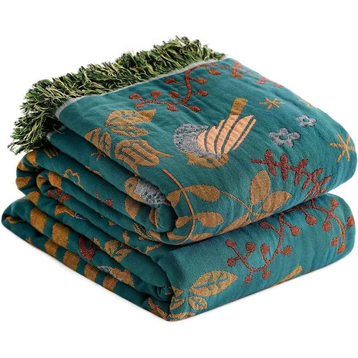 Diwzbyn Tagesdecke Boho Tagesdecke, Weiche Sommerdecke mit Vogel- & Blumenstickerei, Leichte Ganzjahresdecke für Bett, Sofa, Couch & Stuhl, Atmungsaktiv