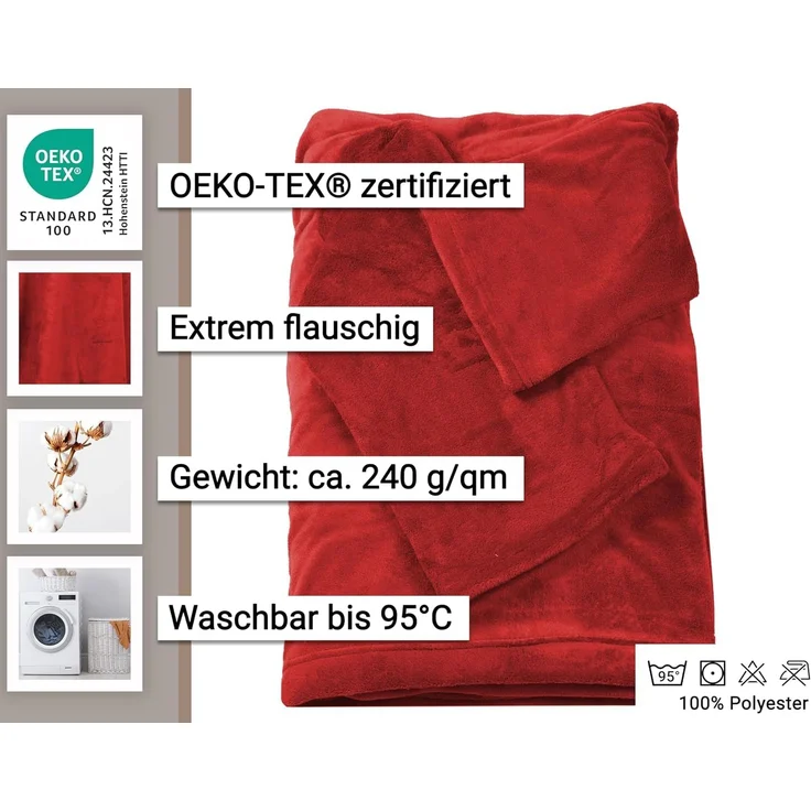 ZOLLNER Kuscheldecke mit Ärmeln, 170x200 cm, rot (weinrot) – Bild 2