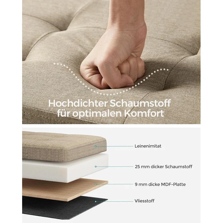 SONGMICS Sitzhocker mit Stauraum, klappbare Sitzbank, 38 x 110 x 38 cm Fußbank, Aufbewahrungsbox, bis 300 kg belastbar, für Wohnzimmer Schlafzimmer Flur, Kamelbraun LSF077R01 – Bild 5