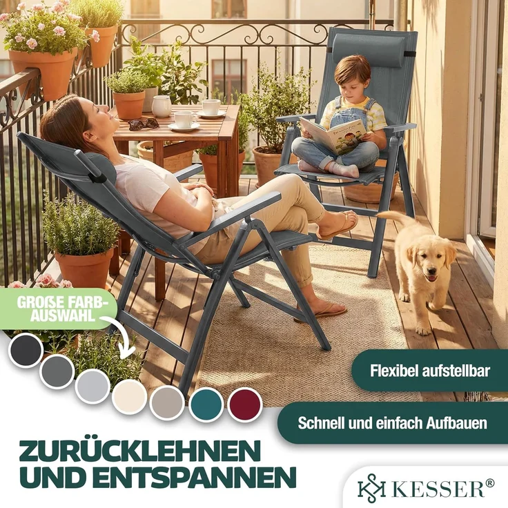 KESSER® Gartenstuhl Hochlehner mit Armlehnen | Aluminium Klappstuhl inkl. Kopfkissen Campingstuhl 7-Fach Verstellbar Rückenlehne | Atmungsaktiv & Wetterfest | Klappbar & Anti-Rutsch Anthrazit, 2 Stück – Bild 8