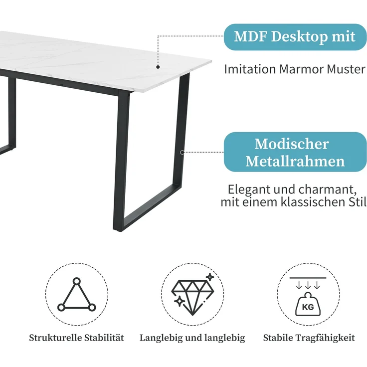Essgruppe 8-tlg, ausziehbarer Tisch 140-180x80 cm weiß/schwarz, 8 Samtstühle schwarz – Bild 4