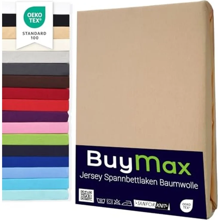 Buymax® Topper Spannbettlaken 200x200 cm Spannbetttuch 100% Baumwolle Jersey für Matratzentopper bis 12 cm Matratzenhöhe Bettlaken für Boxspringbett Topper, Beige Sand – Bild 1