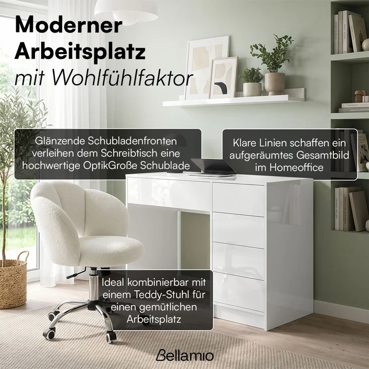 Bellamio 'Livny' Set aus Schreibtisch und Wolkenstuhl, mit 5 Schubladen, beidseitig montierbar, 80x53x110 cm, Computertisch mit Stauraum, Bürotisch mit Push-to-open, geeignet als Schminktisch, weiß hochglanz – Bild 7