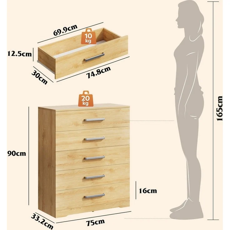 WLIVE Kommode mit 4/5 Schubladen, Moderne Schubladenkommode (Packung, Modernes Sideboard mit 5 Schubladen und 4 Fächern, Breite 75 cm), Vielseitiger Schubladenschrank für Schlafzimmer, Flur & Kinderzimmer – Bild 2