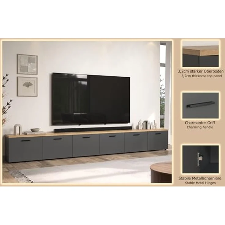 trendteam smart living - Baggio - TV-Schrank - Grau/Eiche - TV-Möbel mit 3 Lowboards - (B x H x T) 360 × 50 × 40 cm - Moderner Stil – Bild 6