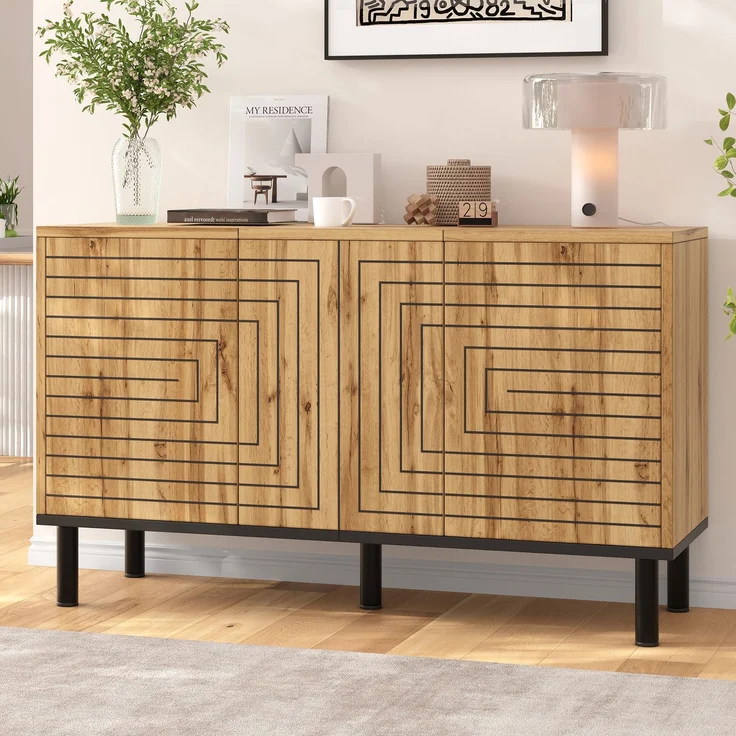 Merax Sideboard mit Wellenmuster, 3 Türen mit Rückprallmechanismus, MDF Aufbewahrungsschrank, Küchenschrank, Aufbewahrungsschrank, Holzfarbe – Bild 7