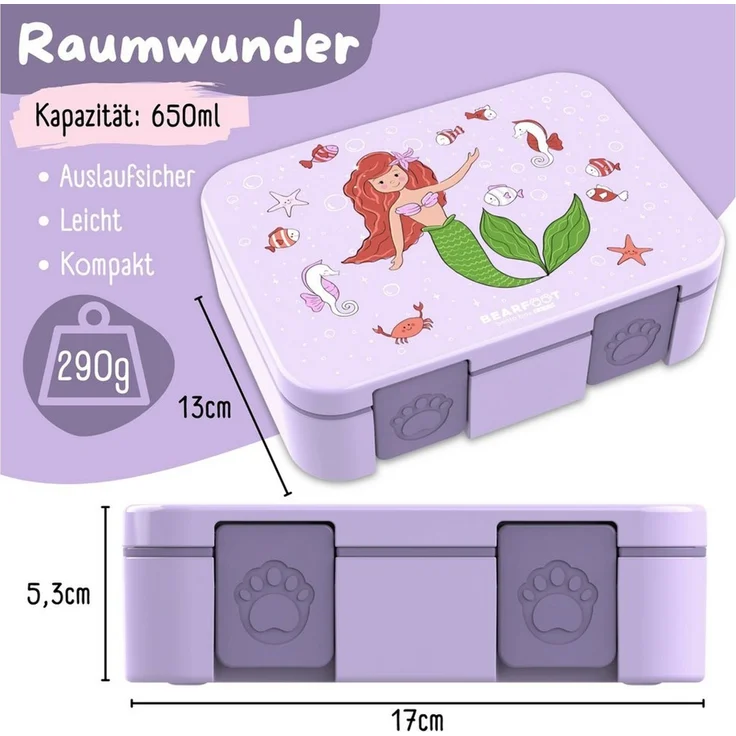 BEARFOOT Lunchbox Brotdose mit Fächern, auslaufsicher - Meerjungfrau lila, PP, ABS, Silikon, Kindergarten und Schule - Mädchen und Jungen, Vesperbox, Snackbox – Bild 3
