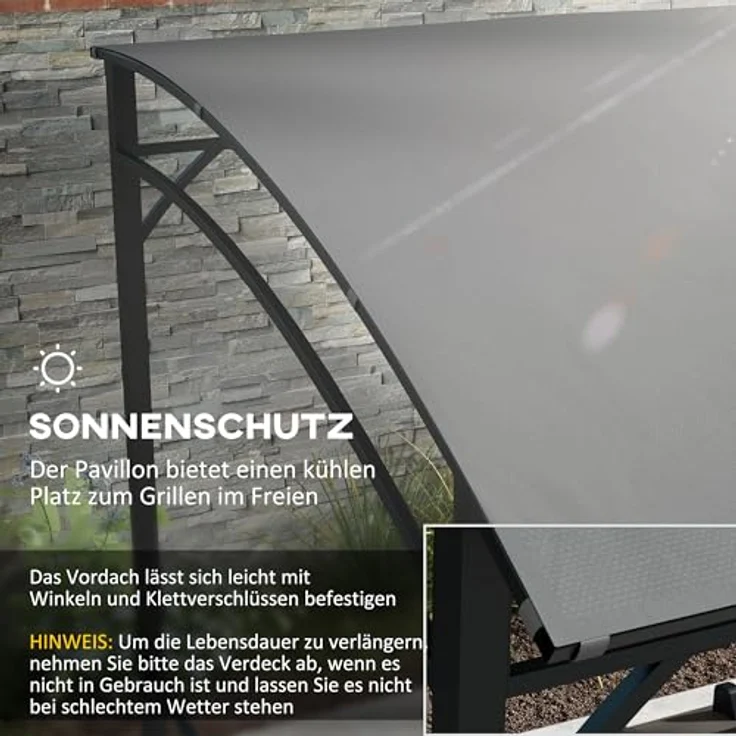 Outsunny Grillpavillon 215 x 150 x 220 cm, wasserabweisend mit gebogenem Dach, stabiler Metallrahmen und 10 Haken, dunkelgrau – Bild 3