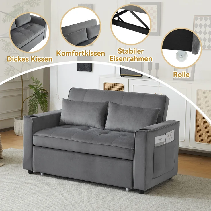 Multifunktions-Schlafsofa Samt Grau, 3-fach verstellbar mit Getränkehalter, 137x76,5x83 cm – Bild 7