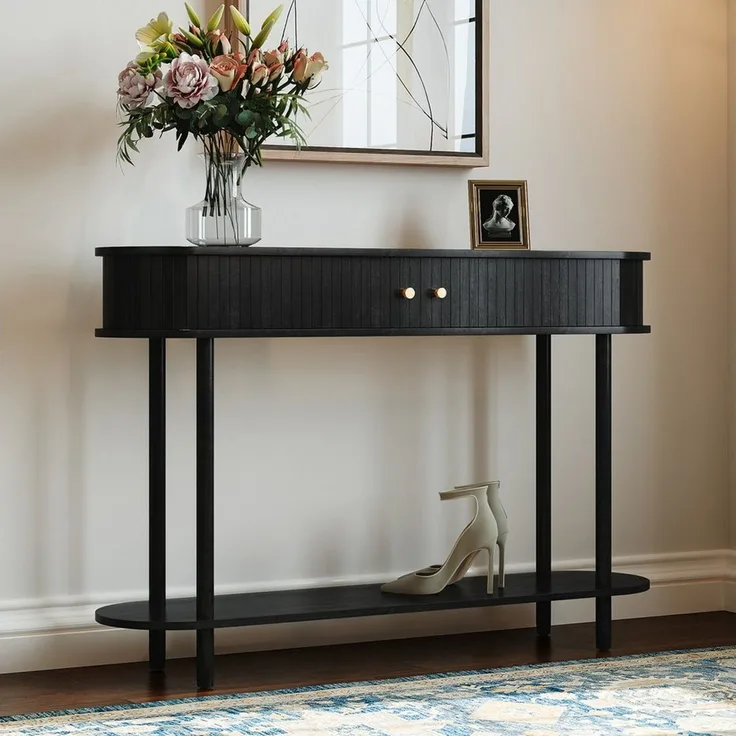 HOLTICO Konsolentisch mit Schiebetüren & Stauraumschrank, Schmaler Sofatisch, Eingangstisch (1-St), Sideboard-Tisch für Wohnzimmer, Flur, Schlafzimmer