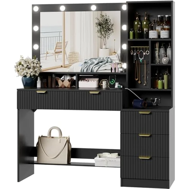 JUMMICO 114cm Großer Schminktisch mit großem Spiegel und LED-Leuchten, Schminktisch mit 5 Schubladen, 7 offene Regale, 7 Häkchen, Kosmetiktisch für Mädchen, Frauen und Schlafzimmer, Obsidianschwarz – Bild 7