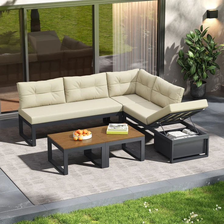 LVHOM Modulares 5-tlg. Gartenmöbel-Set, Gartensofa in L-Form mit verstellbarer Rückenlehne und Stauraum, Wetterfeste Sitzgruppe für Terrasse, Beige – Bild 1