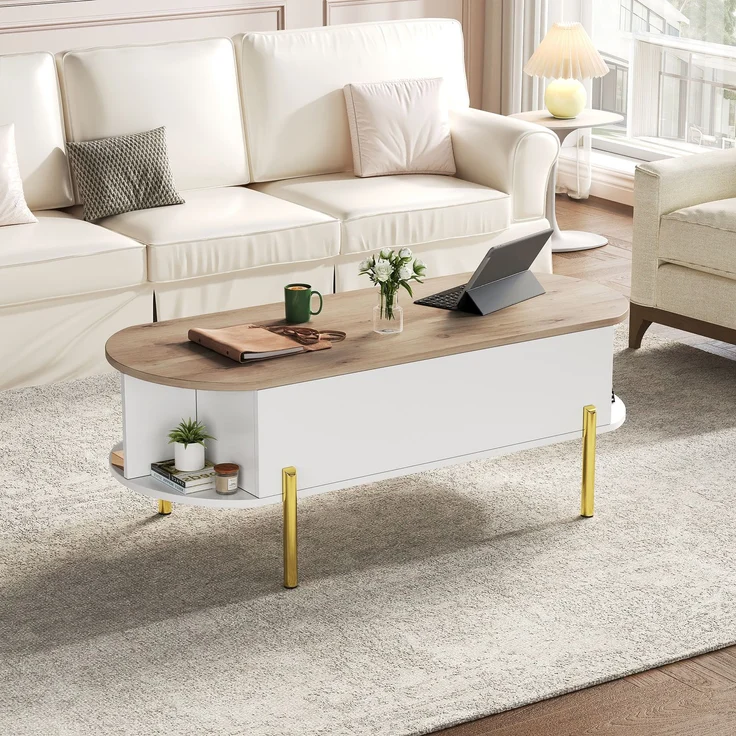 Lift-Couchtisch 120 x 50 x 43 cm, anhebbarer Wohnzimmertisch mit verstecktem Stauraum, 3 Ablagefächer, halboffene Regale – Bild 3