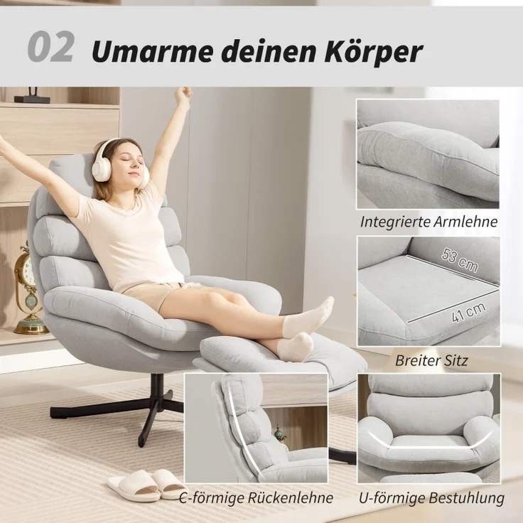 Relaxsessel mit Ottomane, Chenille, 360° drehbar, breite Sitzfläche, Stahlkreuzbasis, bis 120kg, gemütlich – Bild 4