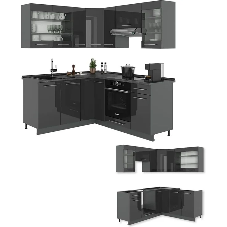 Eckküche Fame-Line Anthrazit Hochglanz 190 x 46 cm ohne Arbeitsplatte Vicco – Bild 6