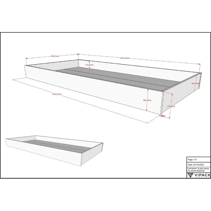 Bettschublade FORREST 195,2 x 16,6 x 94 cm Buche Weiß – Bild 3