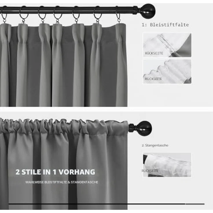 Deconovo Gardinen für Schienensystem Blickdicht Vorhänge UV-Schutz Hellgrau | 2er Set, H 138 x B 132 cm, Vorhänge mit Kräuselband, Hitzeschutz, Schlafzimmer Gardinen, Gardinen Kurz, für Schienensystem – Bild 4