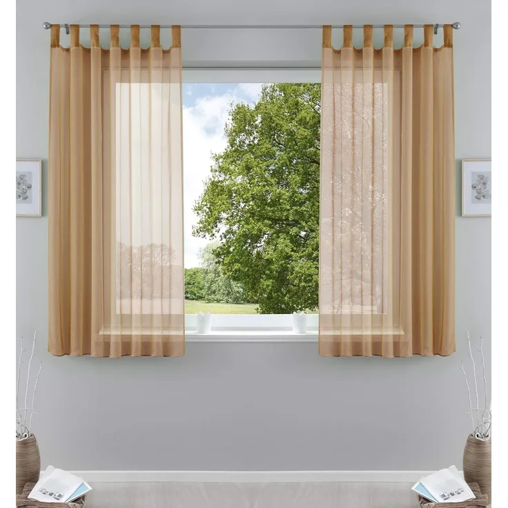 2er-Pack Gardinen Transparent Vorhang Set Wohnzimmer Voile Schlaufenschal mit Bleibandabschluß HxB 175x140 cm Sand, 61000CN
