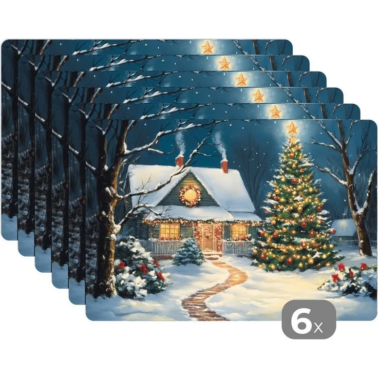 MuchoWow Platzset Weihnachten - Weihnachtsbaum - Winter - Zuhause - Schnee, (6-St), Platzsets, Tischset, Abwaschbar, Tischsets, Platzdeckchen
