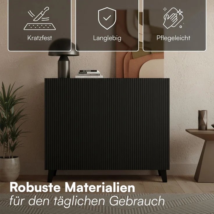 Bellamio 'Tana' Kommode, schwarz mit geriffelter Front, 85x40x92 cm, Sideboard mit 2 Türen und 4 Fächern – Bild 4