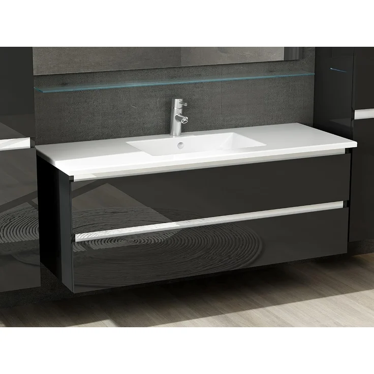Homeline Badmöbel Set mit Schubladen Glas ablage (Marcel Schwarz, 120 cm Einzelbecken 1x Hochschrank) – Bild 3