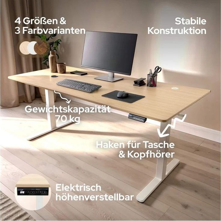 Arebos Schreibtisch Computer-Bürotisch 180 x 80 cm, elektrisch Memory-Funktion, 72-118 cm höhenverstellbar,Hebekapazität: 70 kg – Bild 2