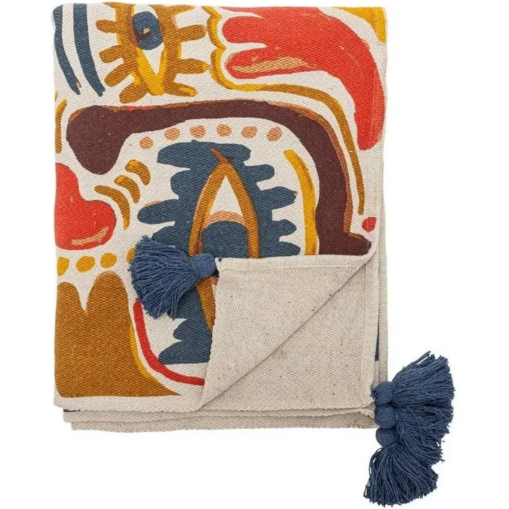 Wolldecke Bloomingville Decke HORUS Orange Braun mit Quasten in Blau, Bloomingville