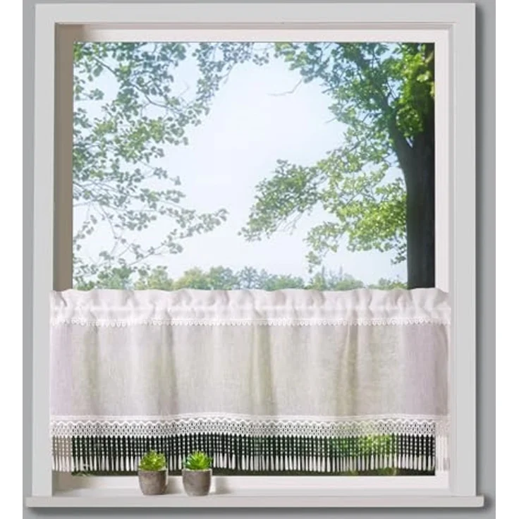 heimtexland Scheibengardine Landhaus Gardine Leinen Optik natur Kurzstore (1 St), Stangendurchzug, halbtransparent, Polyester, Bistrogardine 45x120 cm I Tunnelzug I Fransen Makramee-Borte – Bild 2