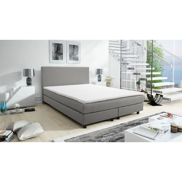 'Glenn 2' Boxspringbett mit Bonellfederkern und Topper, 140x200 cm Hellgrau