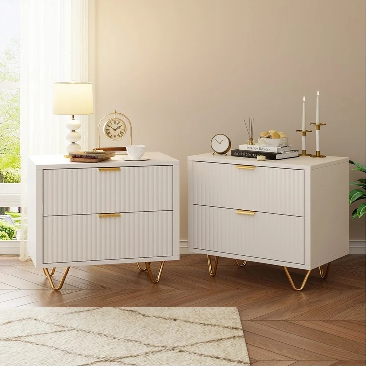 FUROKOY Nachttisch 2er set Nachtschrank mit Schubladen, Beistelltisch mit Metallbeine (Weiß Sofatisch Beistelltisch mit 2 Schubladen), Schubladenschrank für Schlafzimmer Flur Wohnzimmer, 40 x 40 x 55 cm – Bild 1