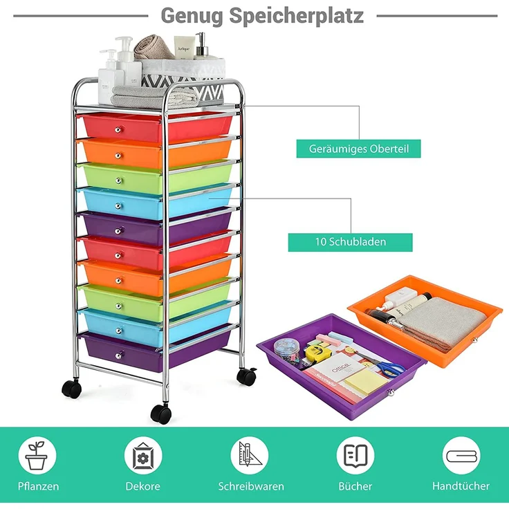 COSTWAY Rollwagen mit Schubladen Rollcontainer Badrollwagen Badtrolley Badregal Beistellwagen mit 10 stapelbaren Schubladen Metallgestell – Bild 2