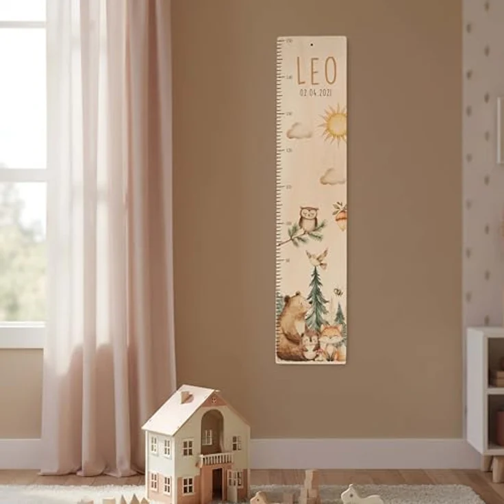 Kidsmood - Personalisierte Messlatte Kinder Aluverbund – Hochwertige Messleiste & Wand-Deko für Kinderzimmer mit liebevollem Fröhliche Waldtiere – Tolles Geschenk zur Geburt- (65-140cm) – Bild 9