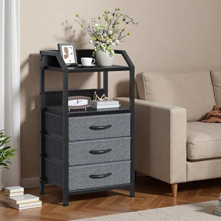 Feonase Nachttisch mit 3 Stoff-Schubladen, Kleine Kommode & Beistelltisch, 2-Fach MDF-Nachtschrank mit offenem Fach, moderner Side Table für Schlafzimmer, Wohnzimmer, Dunkelgrau – Bild 5
