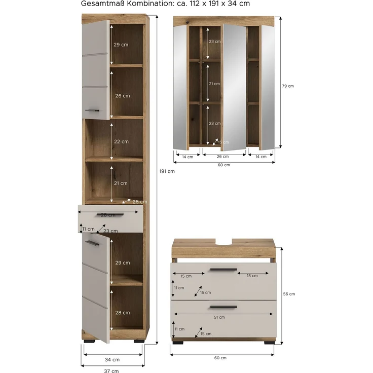 Badkombination B/H/T: 112x191x34 cm in Evoak Oak Nachbildung – Bild 4