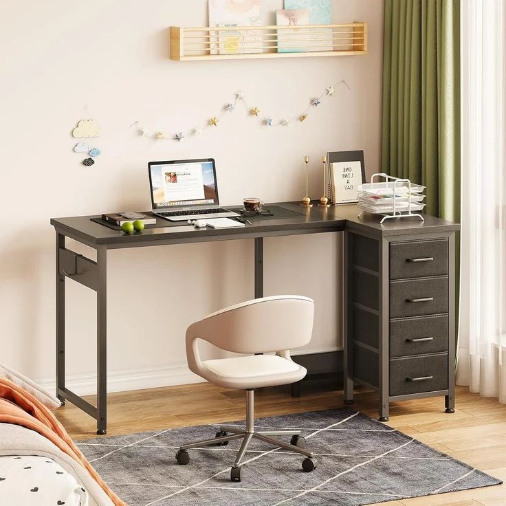 Eckschreibtisch L Form 120x70cm 4 Schubladen 120 × 70 cm Schwarz – Bild 2