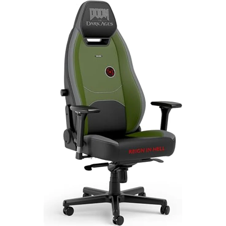 noblechairs LEGEND Gaming Stuhl - DOOM: The Dark Ages Edition, schwarzer Kunstlederbezug mit grünen Akzenten, Kaltschaumpolsterung, bis 150 kg belastbar, ergonomisch verstellbar – Bild 1