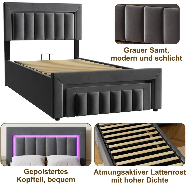 Polsterbett aus Velours mit LED, hydraulischem Stauraum & Schublade, ohne Matratze, 90x200 cm, Anthrazit/Grau – Bild 8
