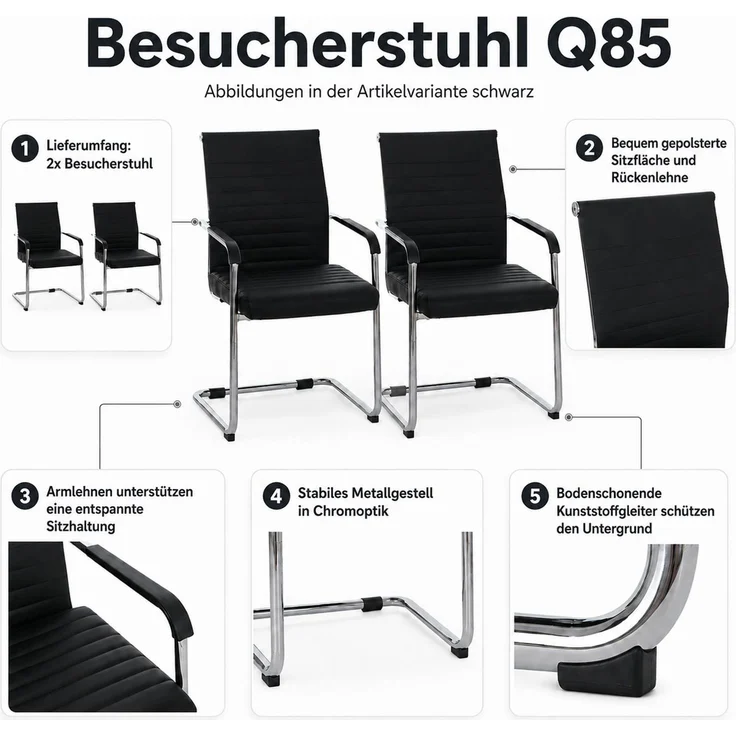 2er-Set Besucherstuhl HWC-Q85, Konferenzstuhl Freischwinger, Metall Kunstleder 280 g/m² ~ weiß – Bild 2