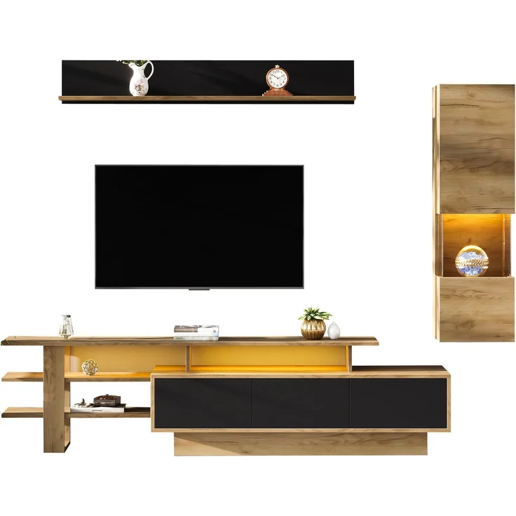 DESVIAE TV-Schrank-Set 3-tlg. mit LED-Beleuchtung und 3 Schubladen 180x40x45 cm MDF Naturholz/Schwarz – Bild 7