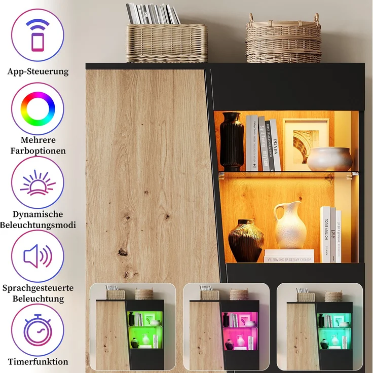 Vitrinenschrank mit LED, Design-Holztür, Glastrennwand Vitrine Schrank,Mehrere Staufächer, Hochschrank Sammlervitrine für Wohnzimmer, Büro, Flur, Schwarz & Holzfarbe,80x35x139.5cm – Bild 7
