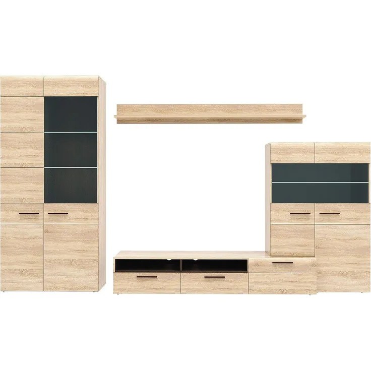 FORTE Combino Wohnwand mit 2 Türen, 3 Glastüren und 2 Schubladen, Holzwerkstoff, Sonoma Eiche/ Denver Eiche / Wenge, 197 x 330 x 52 cm