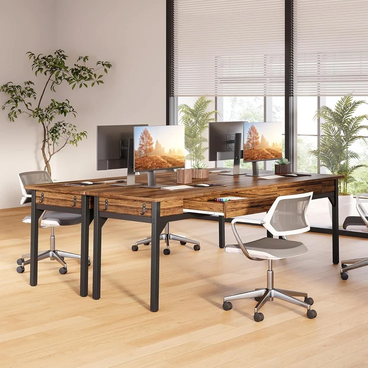 LITTLE TREE Schreibtisch Computertisch 200 cm, großer Schreibtisch aus Industriell Holz und Metall als Bürotisch Arbeitstisch für 2 Personen, ideal für Homeoffice oder Wohnzimmer, Rustikales Braun – Bild 5