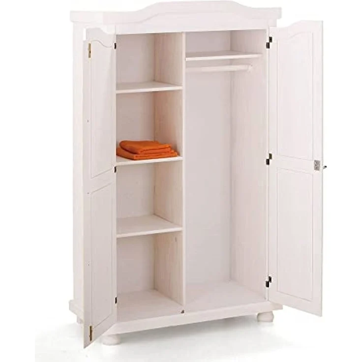 Dmora Zweitüriger Kleiderschrank mit wasserlackierten Regalen aus massivem Kiefernholz, Farbe Weiß, 104 x 180 x 56 cm. – Bild 3