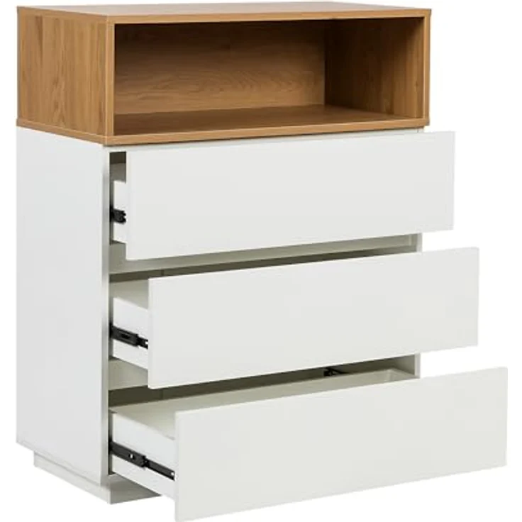 hjh LIVING Kommode mit 3 Schubladen, 1 offenes Fach MELMO K 80 x 40 x 100 cm Highboard Schrank im skandinavischen Stil, griffloses Design, Weiß/Eiche – Bild 5