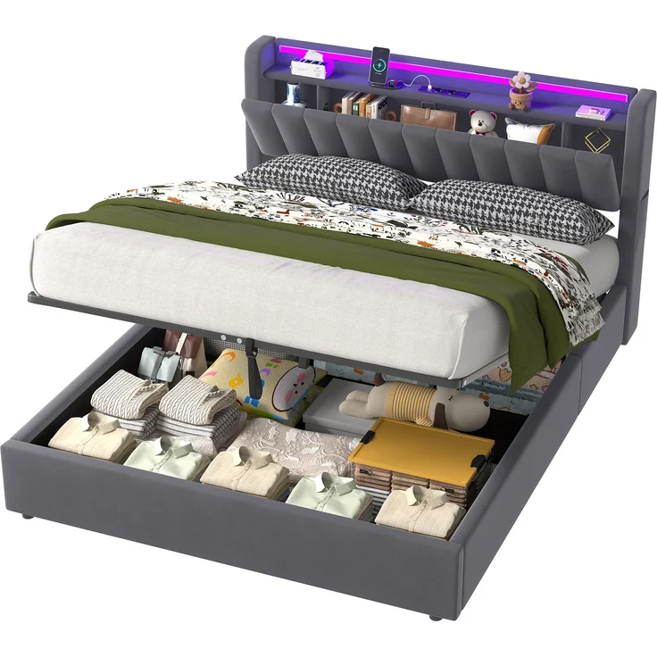 Polsterbett 160 x 200 cm aus Samt mit Stauraum, USB-Anschluss und LED-Beleuchtung, Dunkelgrau – Bild 6