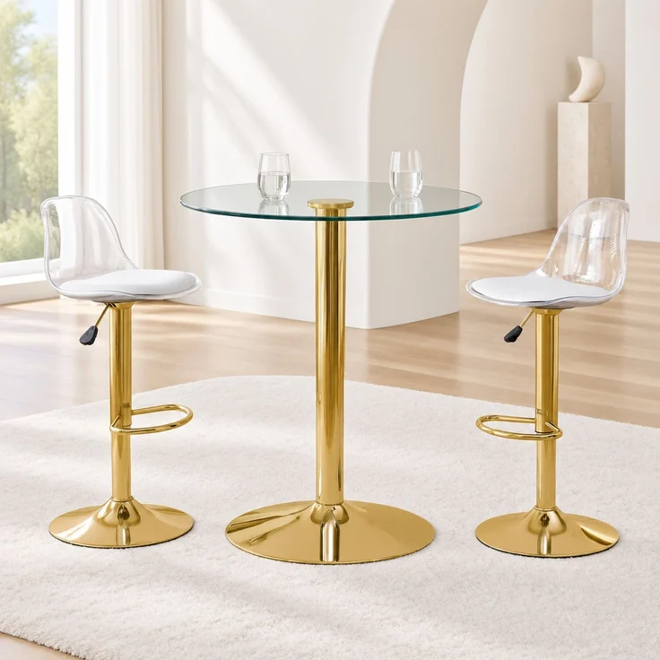 Bartischgruppe mit Glastisch H 92 x T 89 x B 89 cm, transparent und goldfarben, mit 2 höhenverstellbaren Hockern – Bild 3