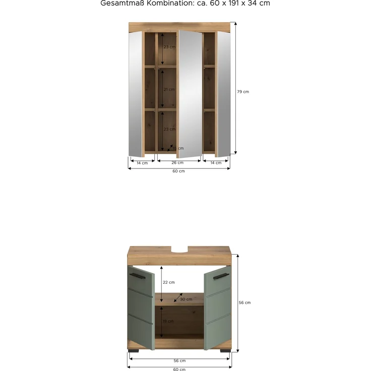 Xonox Scout Badkombination (B/H/T: 60x191x34 cm) in Salbei und Artisan Eiche Nachbildung – Bild 4