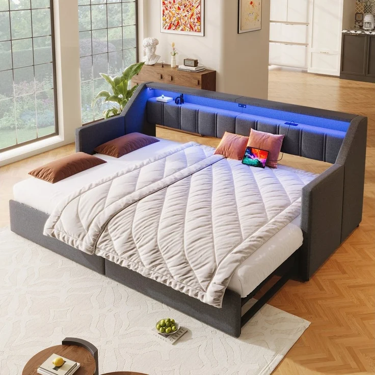 Merax Daybett 90x200cm/180x200cm mit Ausziehbett und 2 Schubladen (1 tlg), Tagesbett mit LED-Leiste, Schlafsofa mit Anschlüssen, Leinen – Bild 1