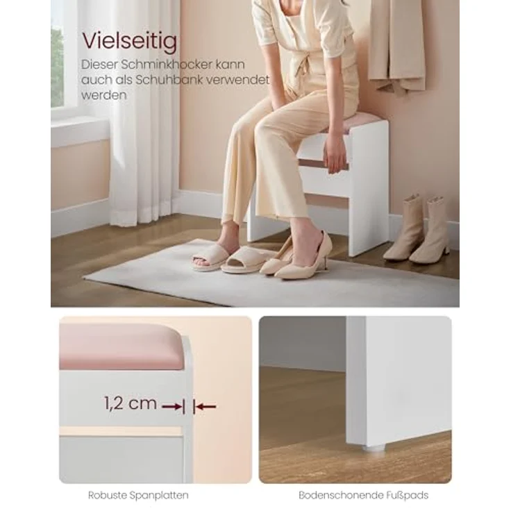 VASAGLE Schminktisch mit Beleuchtung, einstellbare Helligkeit, Hocker, Frisiertisch mit Spiegel, Kosmetiktisch mit verstellbaren Ablagen, 2 Schubladen, modern, wolkenweiß und pastellrosa – Bild 9